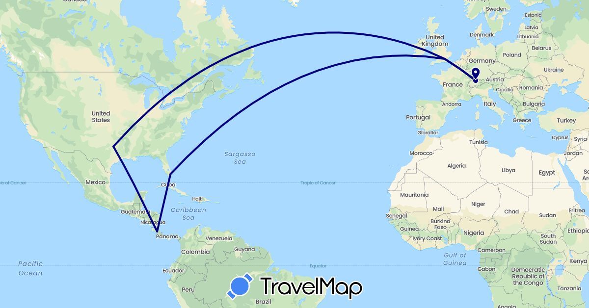 TravelMap itinerary: driving in Switzerland, Costa Rica, United Kingdom, United States (Europe, North America)